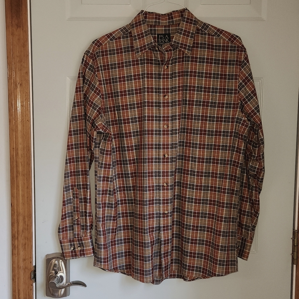 Jos. A. Bank, Men's L Tailored Fit, Grey, Burgundy, Burnt Orange Sq w White